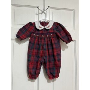 Vintage One Piece Red Plaid Flower Smock Long Sleeve Pants Size 6 Month Collar